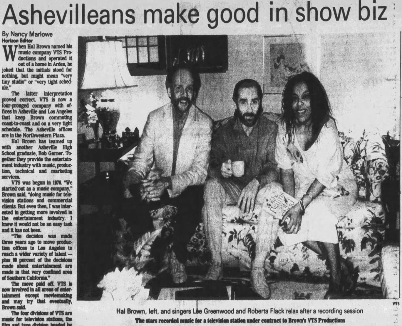 Newspaper story showing Hal Brown, Lee Greenwood, and Roberta Flack Newspaper story showing Hal Brown, Lee Greenwood, and Roberta Flack