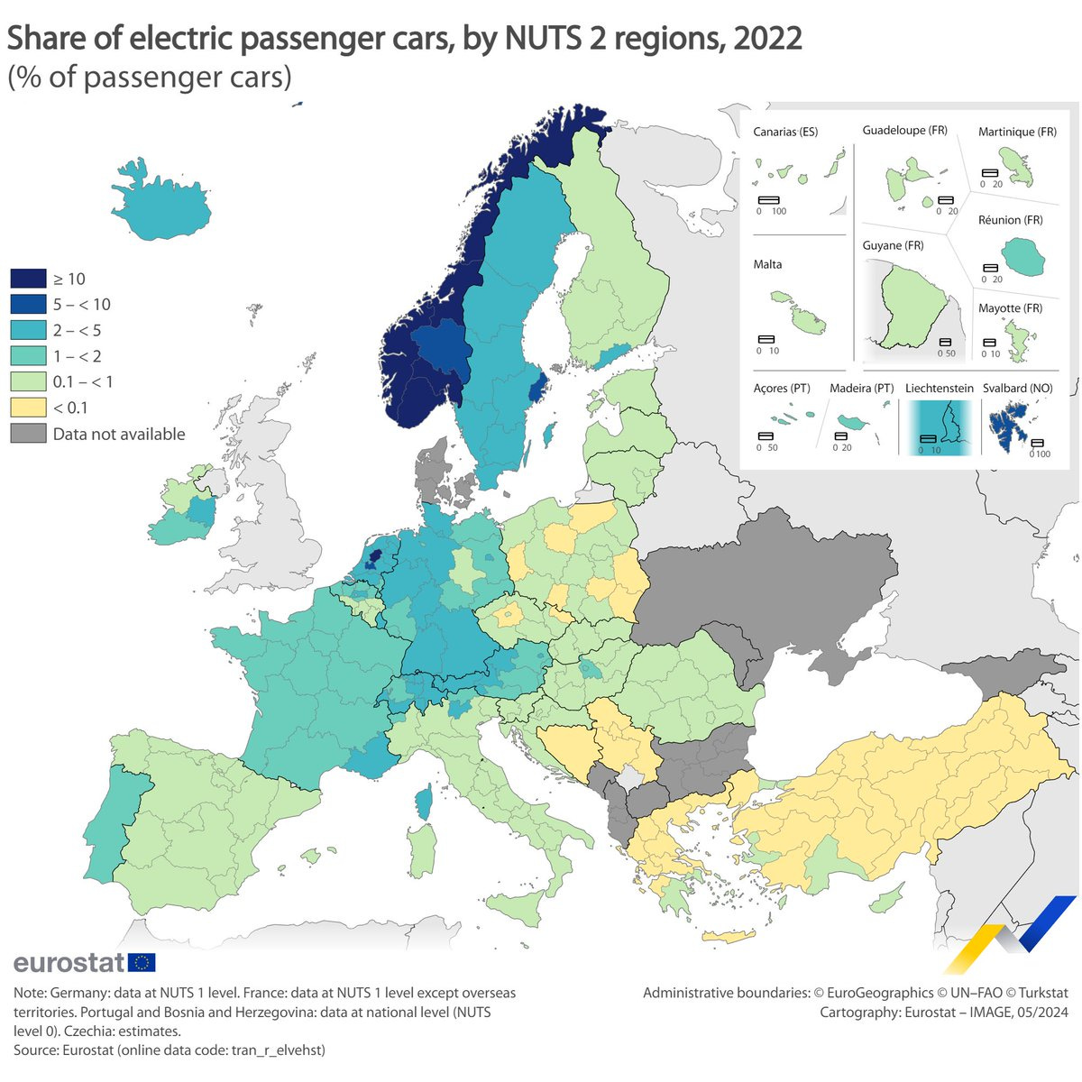 Map showing the share of electric passenger cars, by NUTS 2 regions, 2022, percentage of passenger cars, EU Member States, EFTA countries and candidate countries with available data