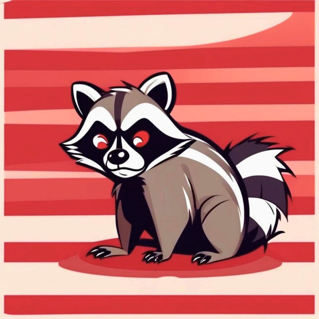 A furious raccoon with red eyes.