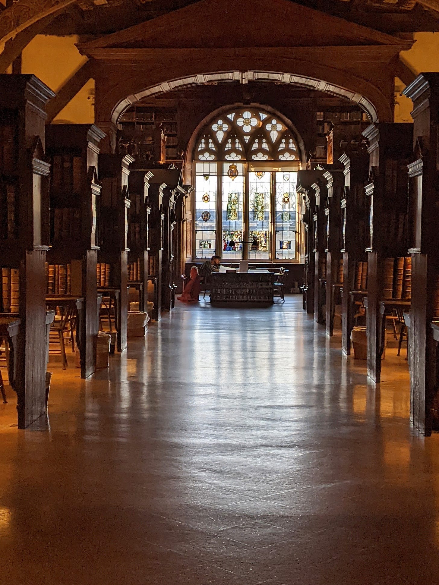 Along the length of Duke Humfrey's library towards a large window. A student sits at a desk in front of the window, concentrating on their laptop.