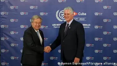 Antonio Guterres shaking hands with Miguel Diaz-Canel