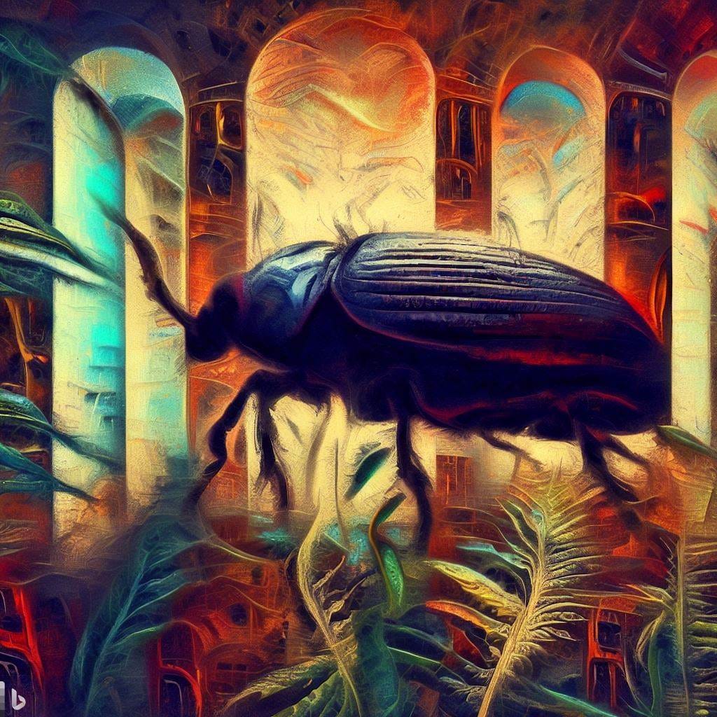 a biblical renaissance painting of an incredibly sad beetle surrounded by long thinking plants on board inside a 17th century insurance company building, more abstract