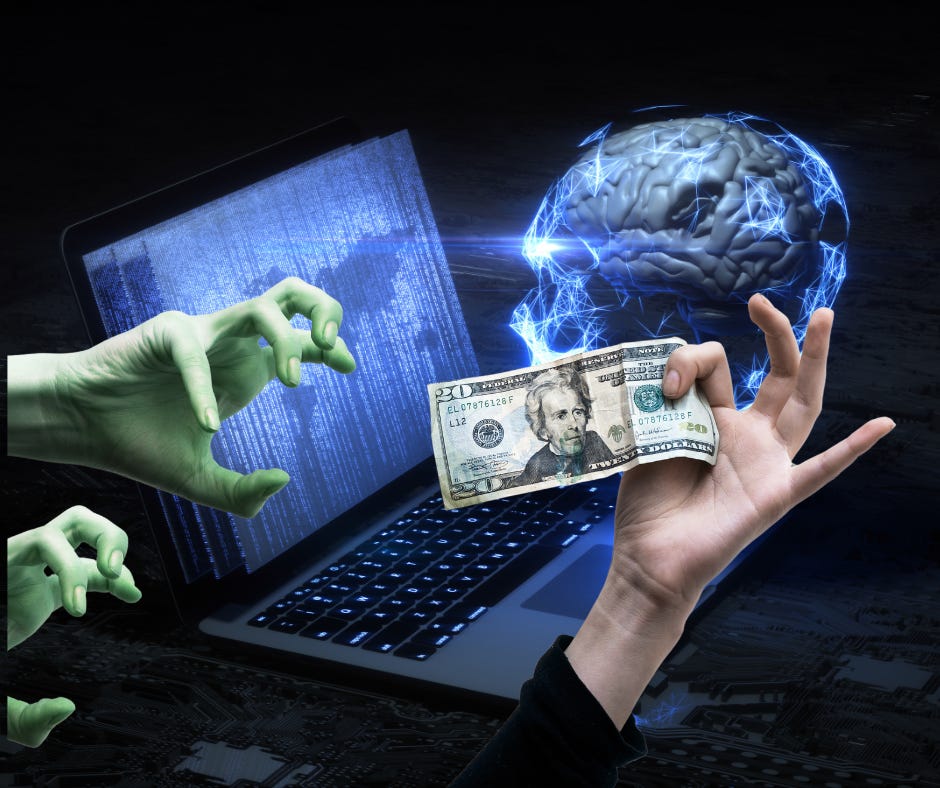 A brain surrounded by a glowing skull feeing a computer with code. In front two green hand reach out to grab money from another hand. 