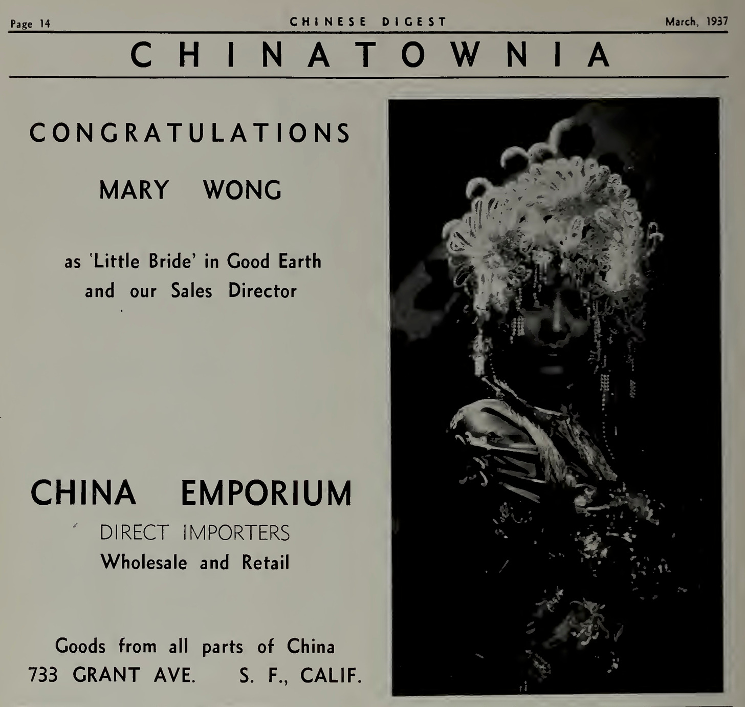 ad includes a phot of Mary Wong as the Little Bride and says "Congratulations Mary Wong as Little Bride in Good Earth and our Sales Director"