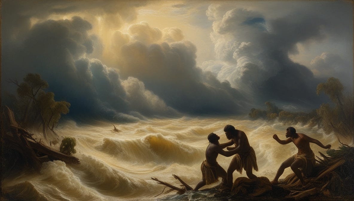 A majestic, old-style oil painting in the soft, dreamy manner of Claude Monet, depicting the catastrophic scene of Genesis 7: The Flood, with warm, golden light illuminating the turbulent waters that envelop the earth, as massive clouds swirl ominously in the background, with subtle hints of blue and grey peeking through the veil of creamy whites and yellows, as if the heavens themselves are weeping at the devastation below; in the foreground, a few desperate figures cling to debris, their anguished faces twisted in fear, with dark skin tones and worn, rustic clothing, set against the foamy, churning waves that threaten to consume them, as the remnants of a once-lush landscape – upturned trees, shattered buildings, and splintered timbers – are swept away by the torrent, leaving only destruction and chaos in its wake.