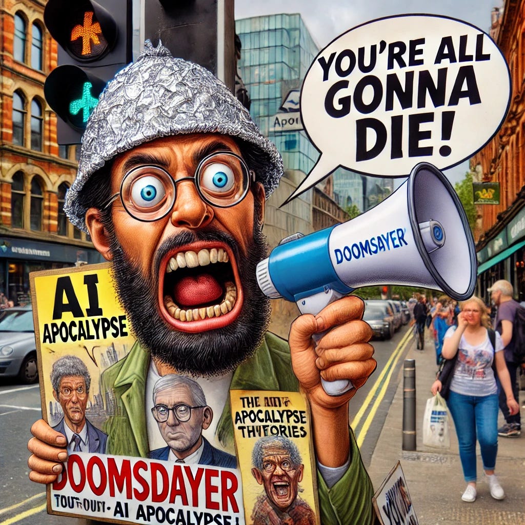 A humorous caricature of a paranoid-looking man labeled 'Doomsdayer' holding a megaphone, shouting 'You're all gonna die!' The man has a tinfoil hat, wild eyes, and is standing on a street corner with signs about AI apocalypse and various conspiracy theories. In the background, people are walking by, ignoring him, while the world around him appears normal, but he looks panicked and overly dramatic. The atmosphere is funny and exaggerated, with wild expressions and over-the-top signs.