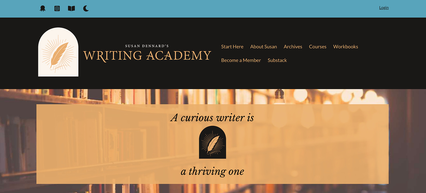 A screenshot of Susan Dennard's Writing Academy showing the homepage with the logo (a quill), the main menu, and a motto that reads: "A curious writer is a thriving one."
