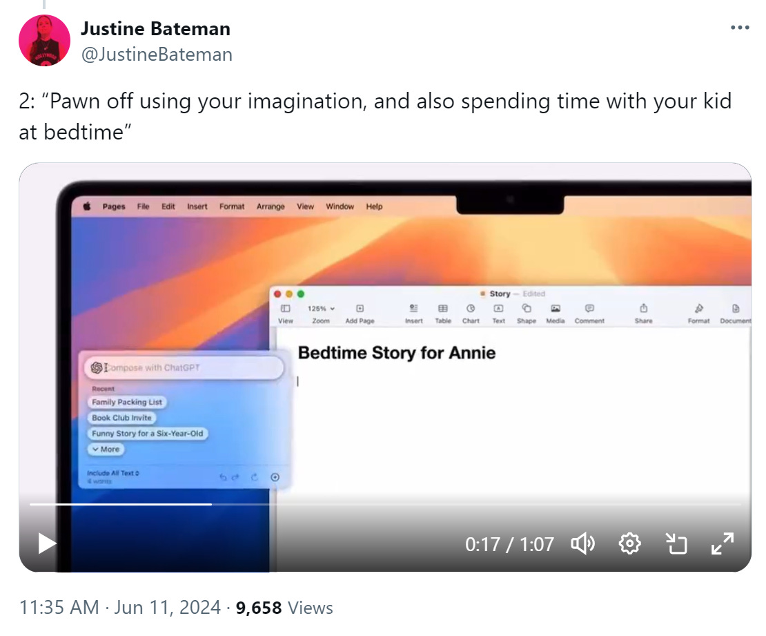 Justine Bateman tweeted, "“Pawn off using your imagination, and also spending time with your kid at bedtime” with a video a of demonstration of using ChatGPT to generate a bedtime story.