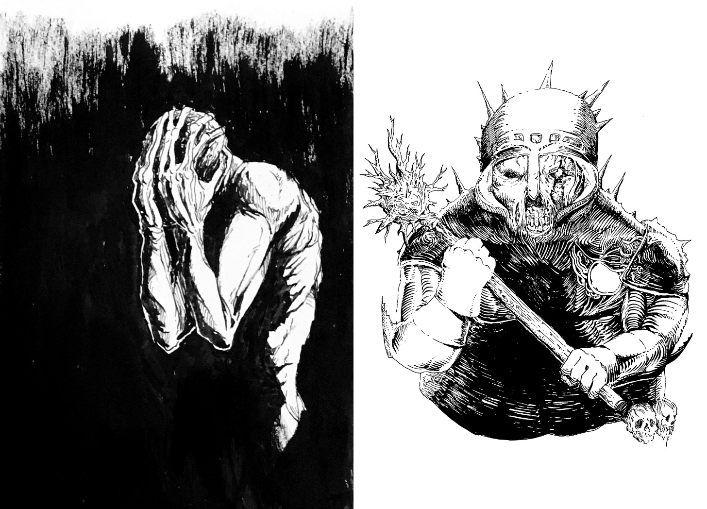 Two horrific black and white goblinoid illustrations. They're spooky.