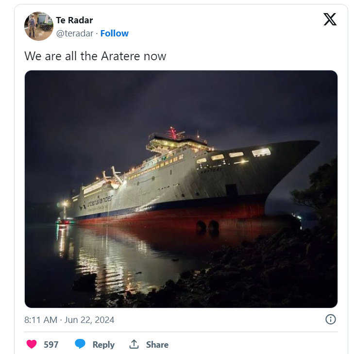 Twitter post saying "we are all the Aratere now"