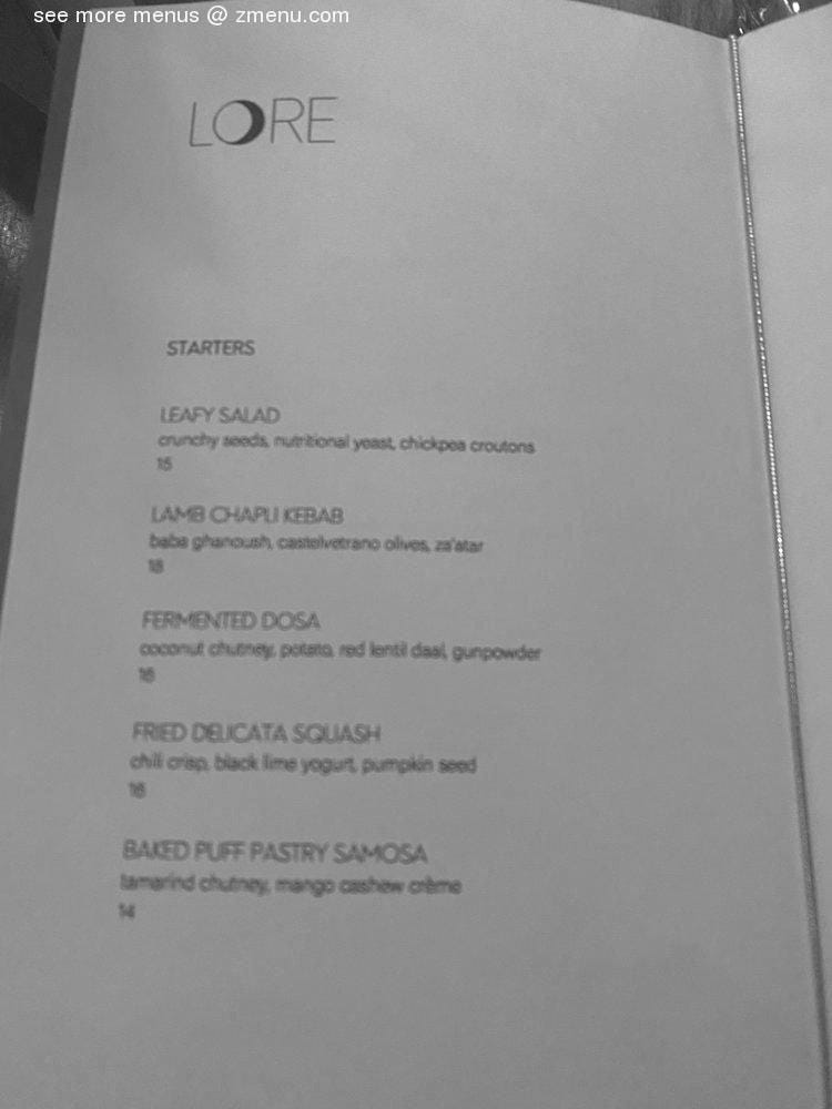 Online Menu of LORE Restaurant, Brooklyn, New York, 11215 - Zmenu