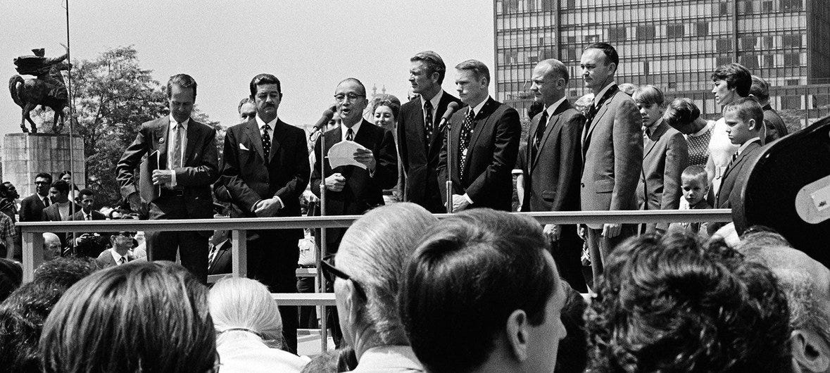 United States astronauts Neil Armstrong, Edwin Aldrin and Michael Collins visit UN Headquarters in New York in 1969. (file)