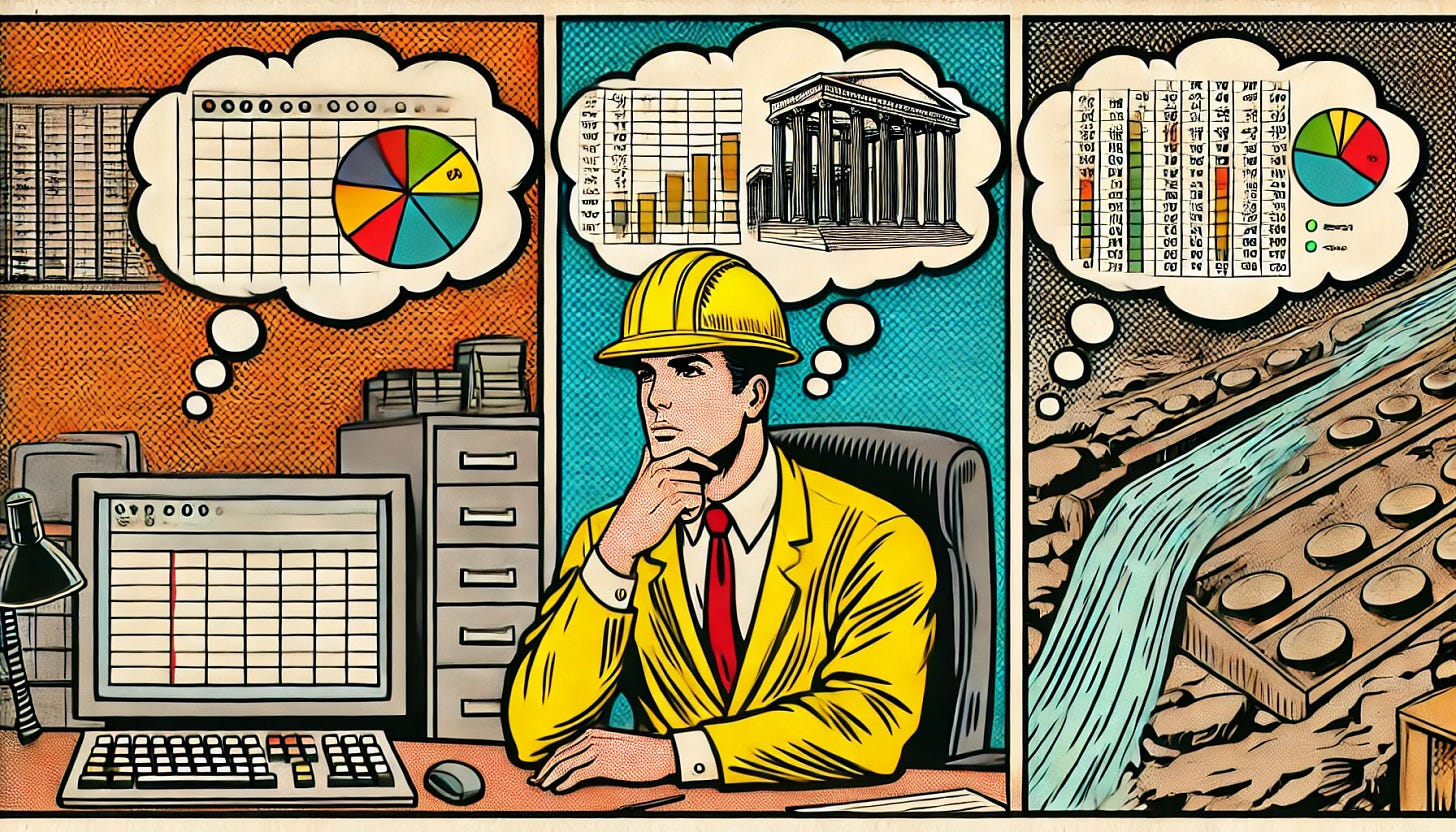 A vintage comic-style illustration of a data engineer in an office, wearing a yellow safety helmet. He is sitting at a desk, deep in thought, with exactly three thinking bubbles above his head. Each bubble contains a different image: 1) A spreadsheet with rows and columns, 2) Columns of an ancient Greek or Roman building, 3) A flowing river stream. The illustration features bold black outlines, vibrant yet slightly desaturated colors, and high-contrast shading, capturing the retro comic book aesthetic.