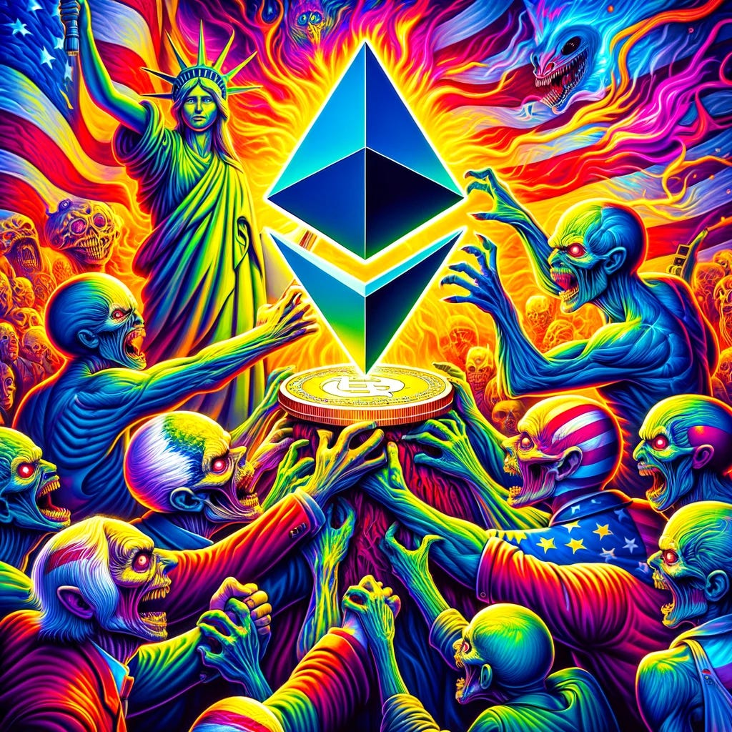 A vibrant, horror-themed illustration depicting a metaphorical representation of the USA fighting over Ethereum. The image features anthropomorphic figures symbolizing different states or entities within the USA, each holding or reaching towards a large, glowing Ethereum symbol in the center. The figures have exaggerated, grotesque features to emphasize the horror element. The background is intense and colorful, with dynamic, surreal colors enhancing the chaotic and eerie atmosphere. The artwork combines bold, vivid colors to create a visually striking scene.