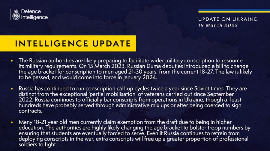 Latest Defence Intelligence update on the situation in Ukraine - 18 March 2023.