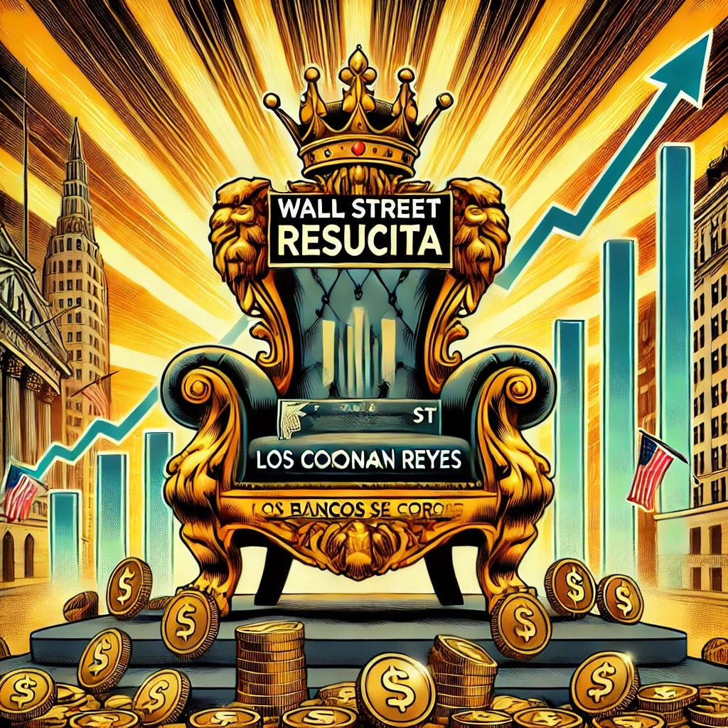 A vibrant pop-art style illustration titled 'Wall Street Resucita: Los Bancos se Coronan Reyes.' The centerpiece is a golden throne adorned with financial symbols like coins and ascending graphs, with the Wall Street logo elegantly inscribed on it. The background features a glowing financial cityscape at sunrise, with skyscrapers reflecting golden rays of light. At the base of the throne, piles of scattered banknotes and coins are shown, while ascending financial graphs fill the sky like streaks of optimism. The design is bold, dynamic, and captures the grandeur of Wall Street's revival.