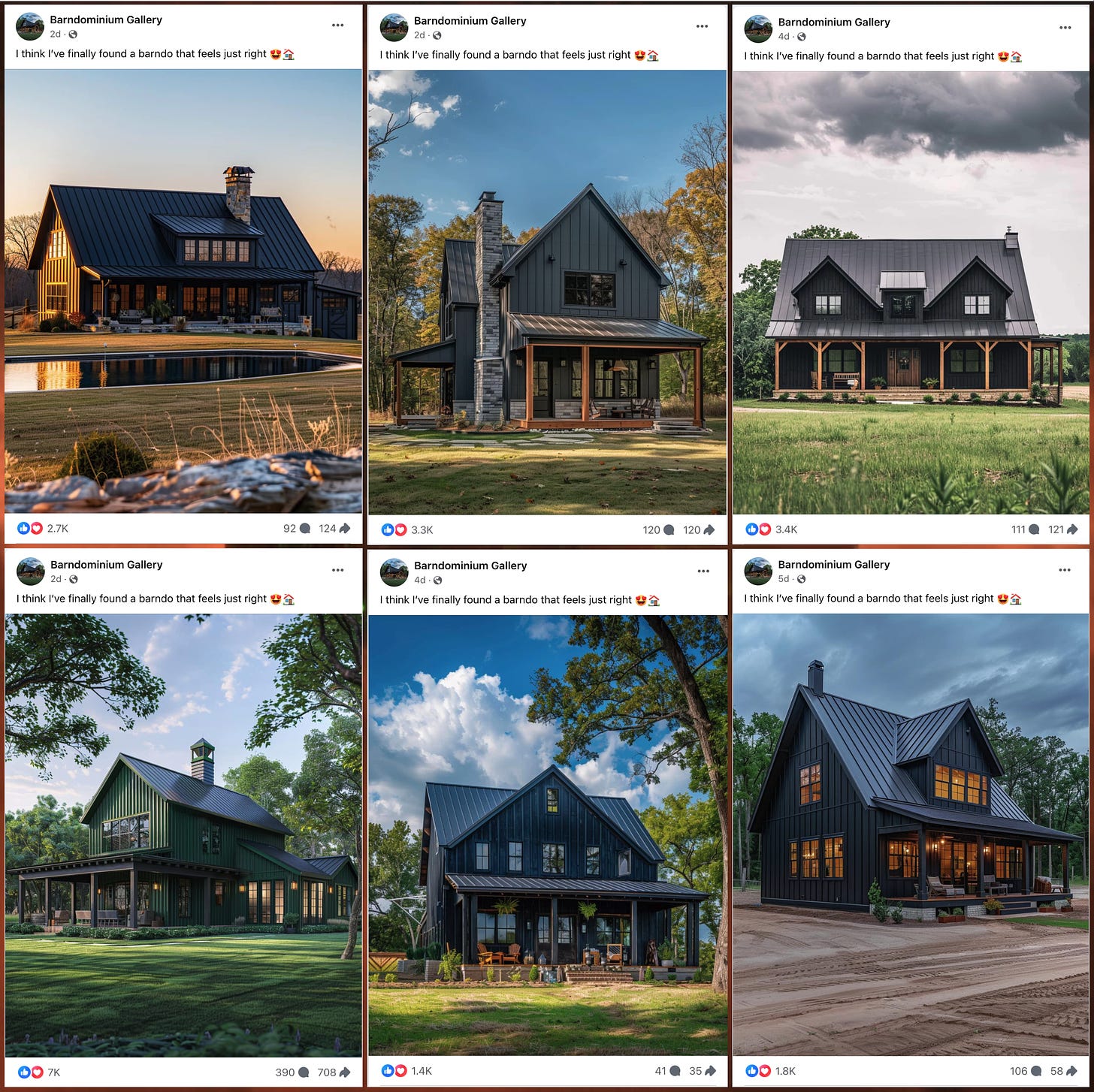 screenshots of six Facebook posts with the text "I think I've finally found a barndo that feels just right" and an AI-generated image of a house