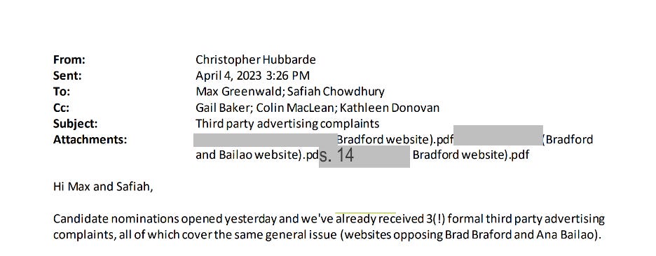 Email from Christopher Hubbarde: "Candidate nominations opened yesterday and we've already received 3(!) formal third party advertising complaints, all of which cover the same general issue (websites opposing Brad Braford and Ana Bailao)."