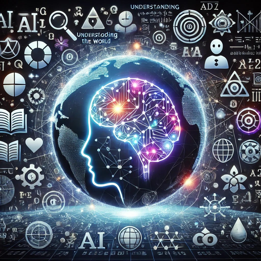 A detailed and abstract representation of understanding the world through large language models. In the center, place a glowing AI figure or digital brain, surrounded by interconnected neural networks. Around it, icons of knowledge such as books, mathematical formulas, language characters, and scientific symbols float. The globe is faintly visible in the background with lines connecting continents, symbolizing the global influence of AI. Use colors like electric blue, deep purple, and neon accents to create a sense of high-tech intelligence and futuristic comprehension.