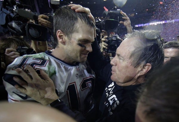 tom brady celebrating with patriots bill belichick super bowl xlix 2015