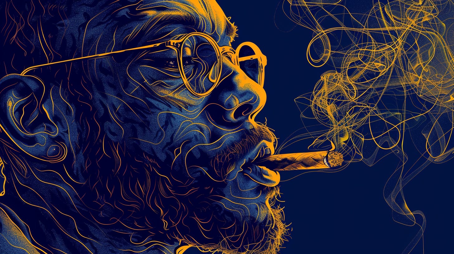 Photographic portrait of man with glasses, cigar and smoke, in yellow and dark blue tones