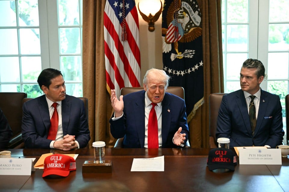 President Trump with Secretary of State Marco Rubio and Secretary of Defense Pete Hegseth at a cabinet meeting.
