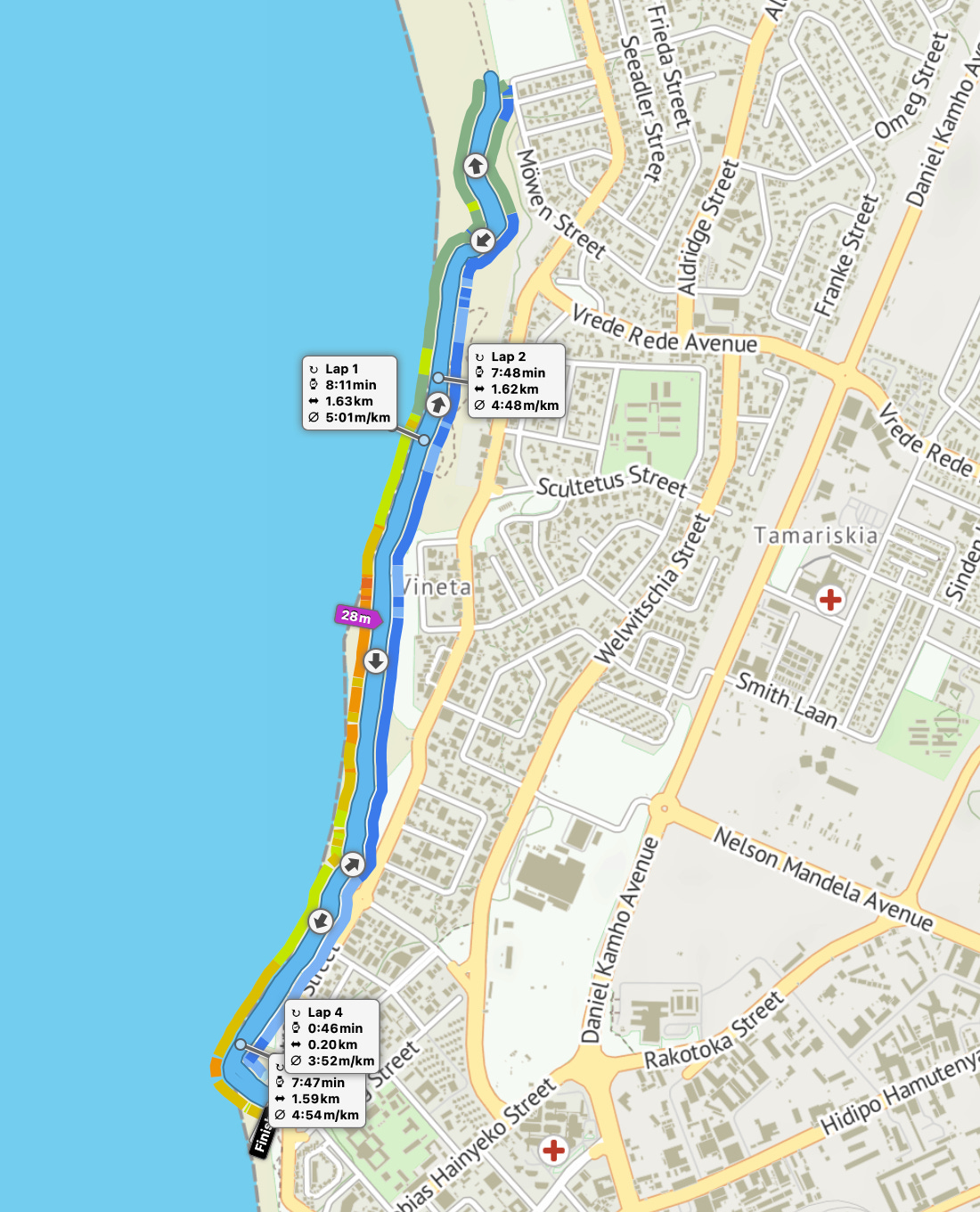 Swakopmund parkrun route map, an out and back following the path by the sea