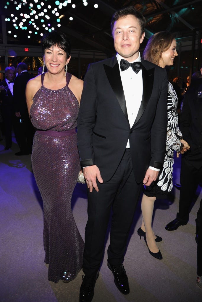 Ghislaine Maxwell and Elon Musk attend the 2014 Vanity Fair Oscar Party.