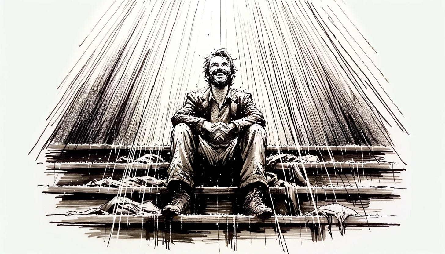 An ink drawing with heavy lines depicting the same individual from the previous image, now captured on the happiest day of his life. The person is sitting on the same stairs, but this time with an expression of profound joy and contentment. Their posture is relaxed and open, with a radiant smile that reflects a deep sense of fulfillment and happiness. The background should be minimalist but should include subtle elements that symbolize joy and celebration, like floating balloons or rays of sunlight. The heavy ink lines should convey the intensity of the emotion, capturing the transformative moment of happiness in the individual's life.
