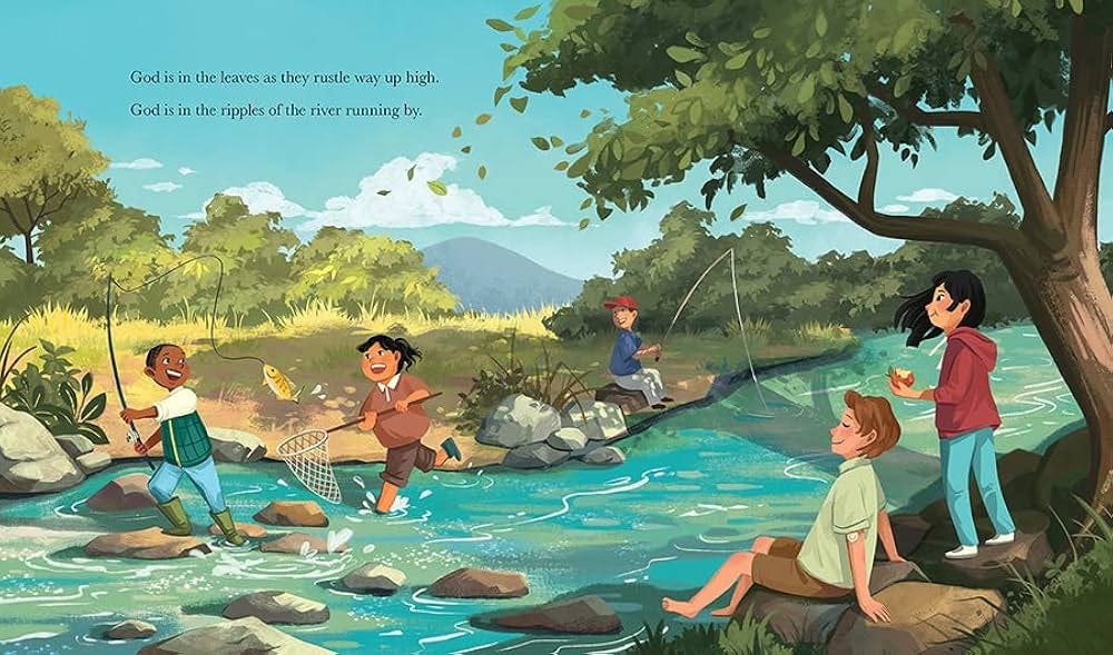 A spread from Wherever You Are showing an illustration of children fishing in a stream. In addition to showing children of different genders and races, you can see a continuous glucose monitor on one child's arm.