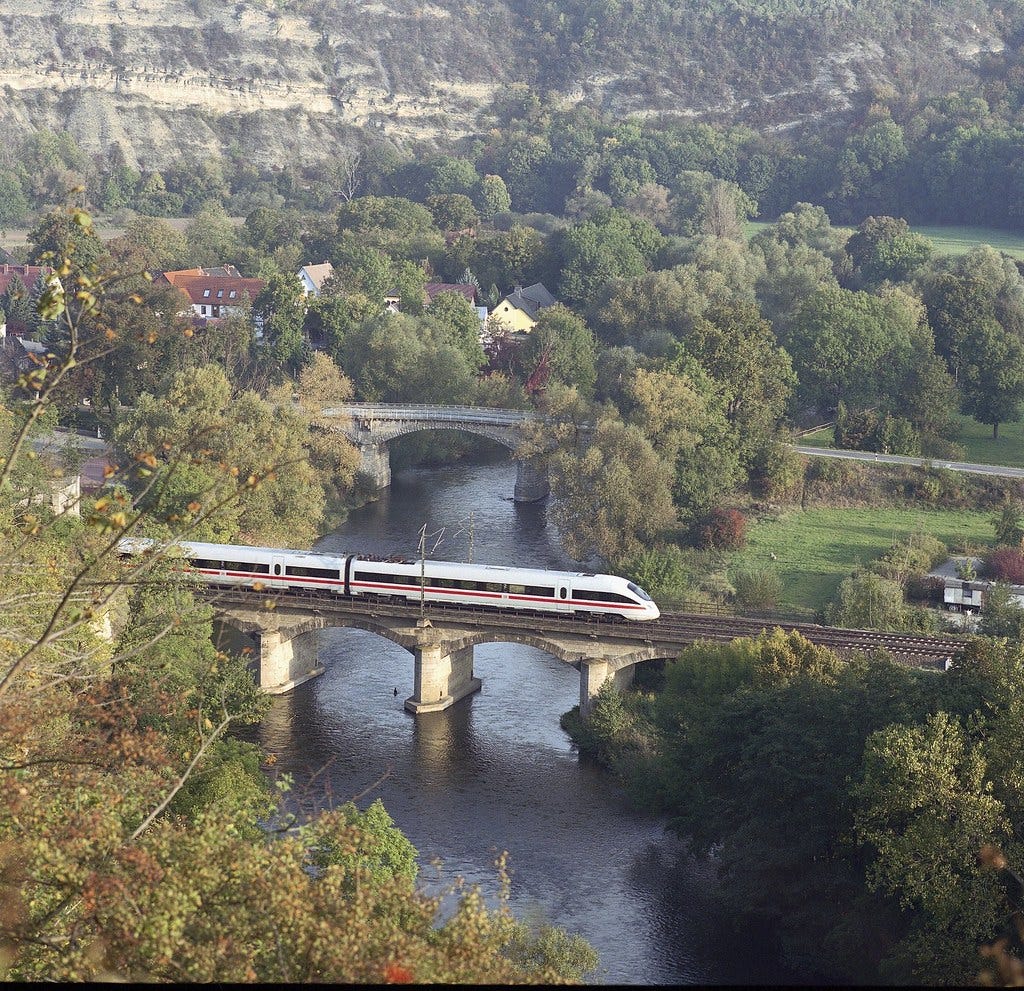 Photo of a German train crossing a bridge over the Rhine river