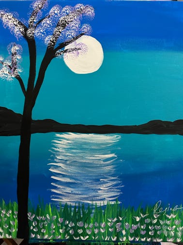An image of an acrylic on canvas painting by Regina Walton of a moonlit evening with mountains in the distance along with grass, white and lilac flowers, and a tree with white and lilac foliage.