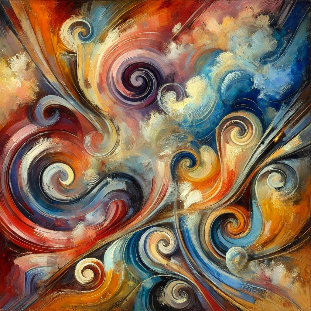 An abstract painting inspired by the themes of resilience and joy amidst adversity. The composition features bold, vibrant colors with a balance of warm and cool tones, symbolizing both struggle and delight. Swirling, overlapping brushstrokes create a sense of movement, representing the coexistence of hardship and happiness. Expressive shapes and layered textures convey depth, while subtle abstract figures suggest fleeting moments of laughter and perseverance. The overall aesthetic is poetic and emotionally evocative, capturing the beauty of life despite its challenges.