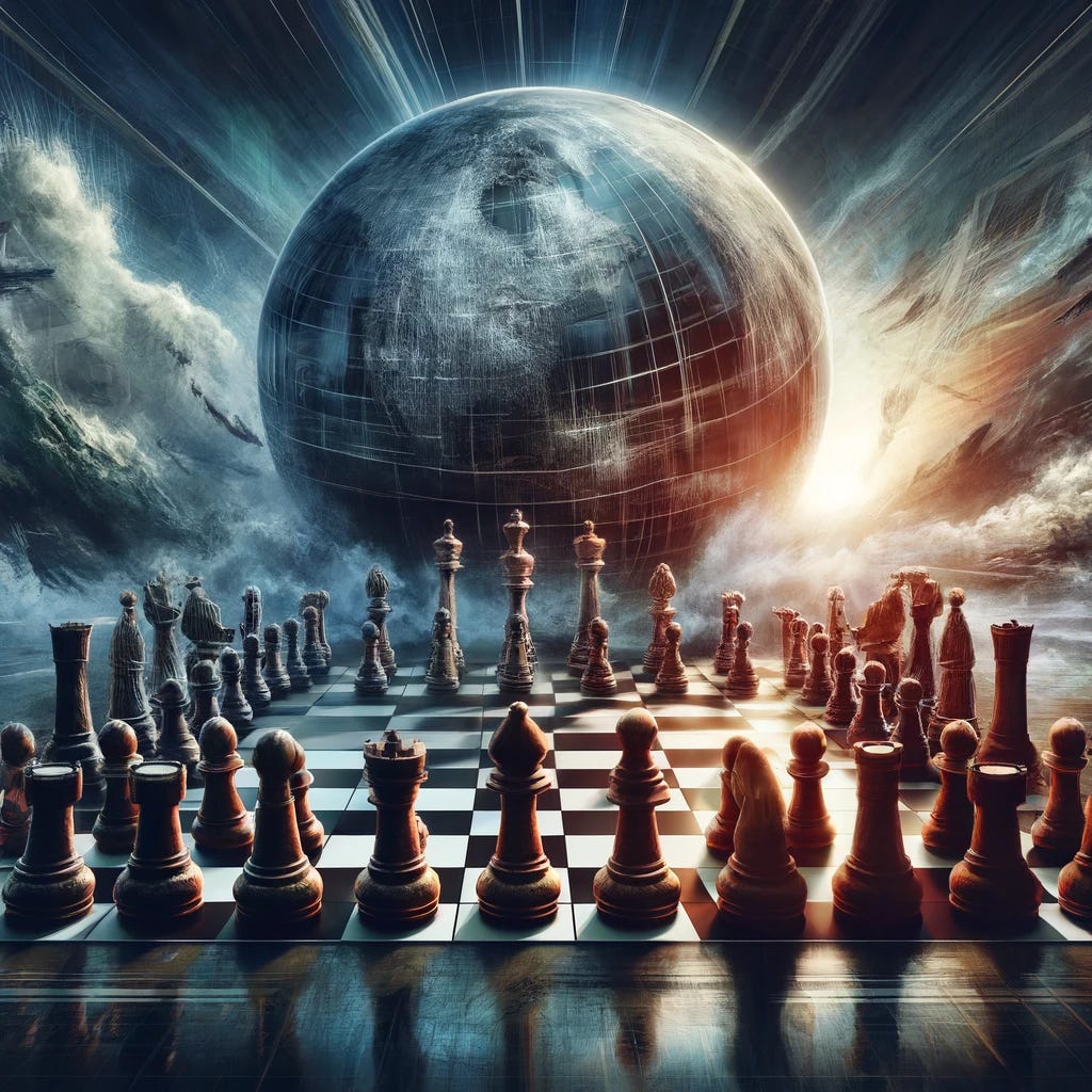 An illustrative scene depicting a metaphorical chess game, symbolizing geopolitical strategies and tensions. The chessboard is central, set in a dramatic and stormy landscape, reflecting the intensity of global conflicts. Chess pieces represent different global powers engaged in a strategic battle. The atmosphere is tense and foreboding, highlighting the stakes of political and security decisions made by nations. This abstract representation focuses on the theme of strategic geopolitical interactions without depicting specific individuals or direct political scenarios.