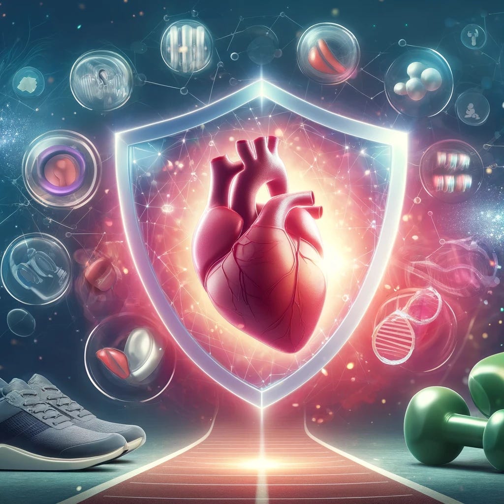 Reimagine the previous illustration with a cooler color scheme, focusing on shades of blue and green to evoke a sense of calm and rejuvenation. Maintain the vibrant heart at the center, surrounded by symbols of physical activity like running shoes, a bicycle, and dumbbells, all within a protective shield. Integrate DNA strands subtly throughout the scene to symbolize genetic protection by exercise. This scene should be against a backdrop that suggests wellness and balance, all while avoiding any letters or numbers, emphasizing the tranquil and restorative aspect of physical health.