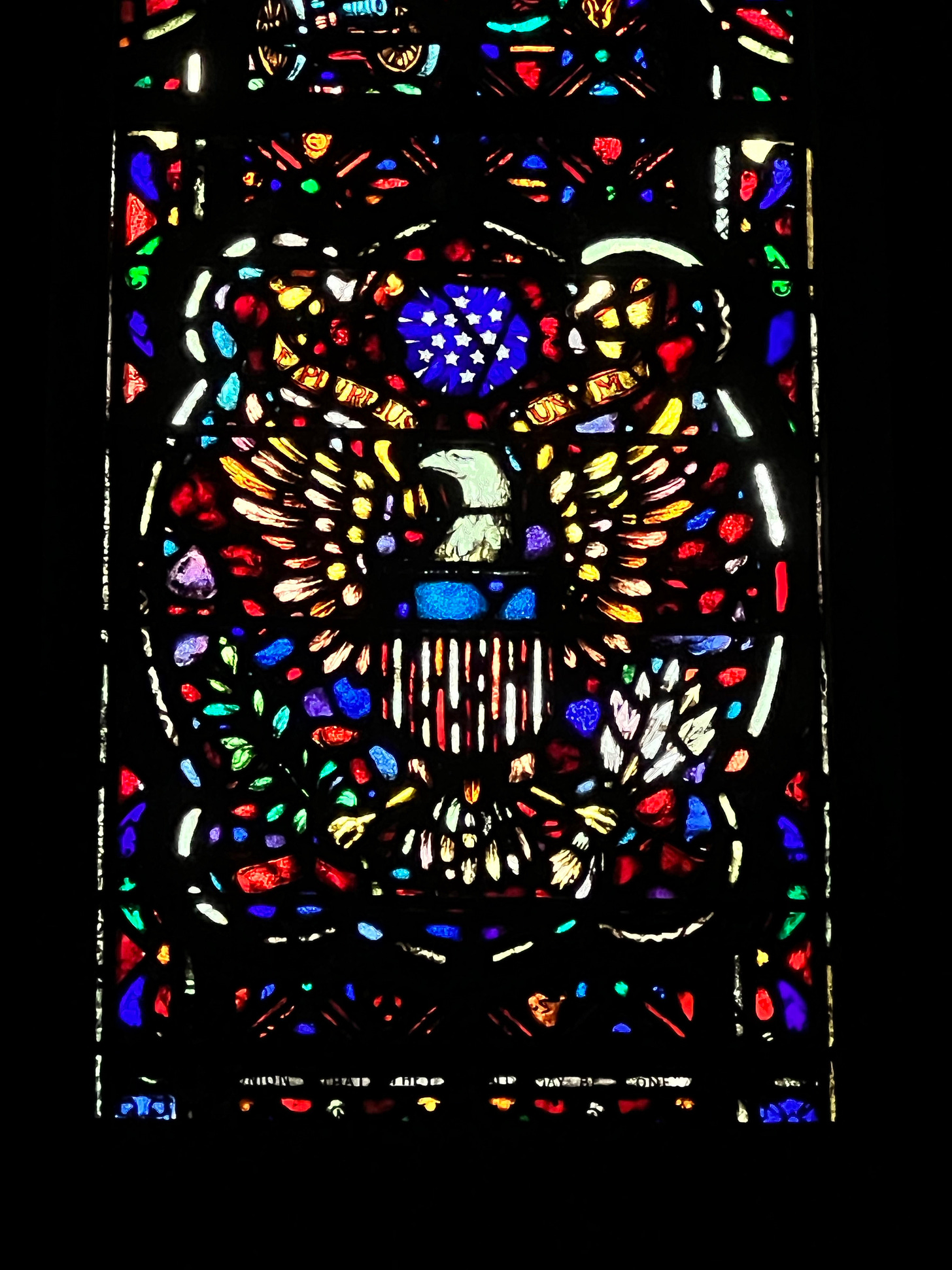 The Great Seal of the United States, as rendered in stained glass at Valley Forge.