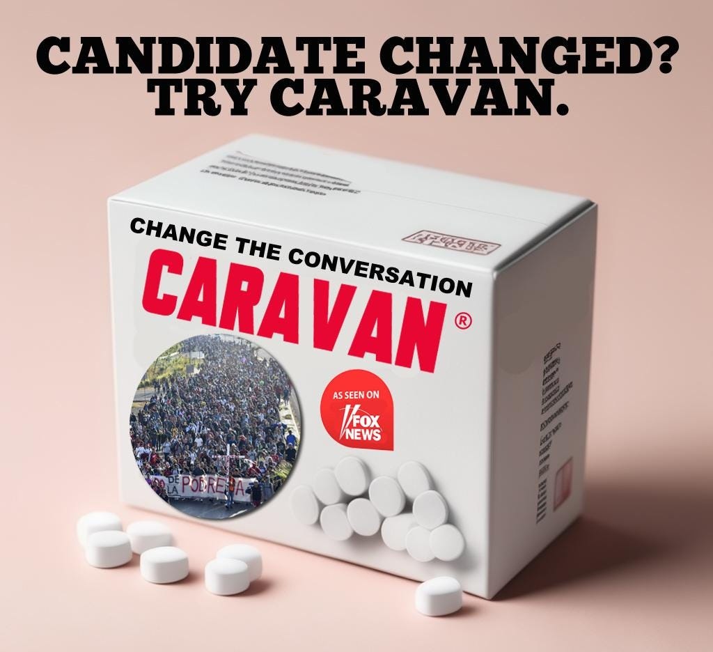 Box full of and next to white pills, labeled "Change the Conversation Caravan FOX News" with the caption Candidate Change? Try Caravan