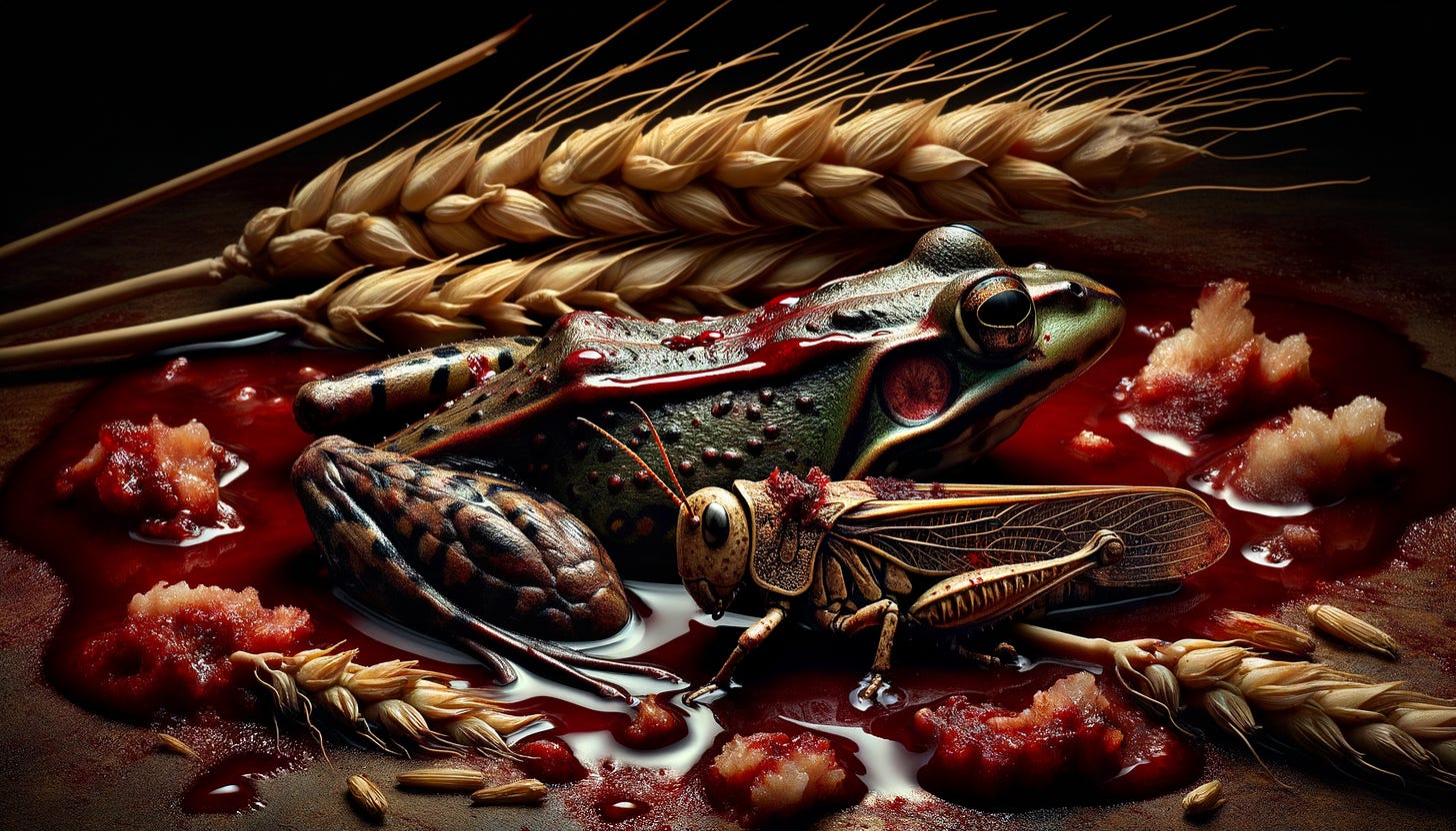 This image is a close-up, artistically stylized depiction within the context of the biblical plagues. It features a single Egyptian frog and locust, along with burnt wheat, all arranged on a surface that suggests being immersed in the blood of the Nile. The frog and locust are rendered with precise detail, highlighting their textures and natural patterns. The glistening of the blood adds a vivid contrast to the matte and coarse textures of the burnt wheat, which lies nearby. The arrangement of these elements against the dark background creates a sense of immediacy, focusing the viewer’s attention on the aftermath of the plagues with a striking visual impact.