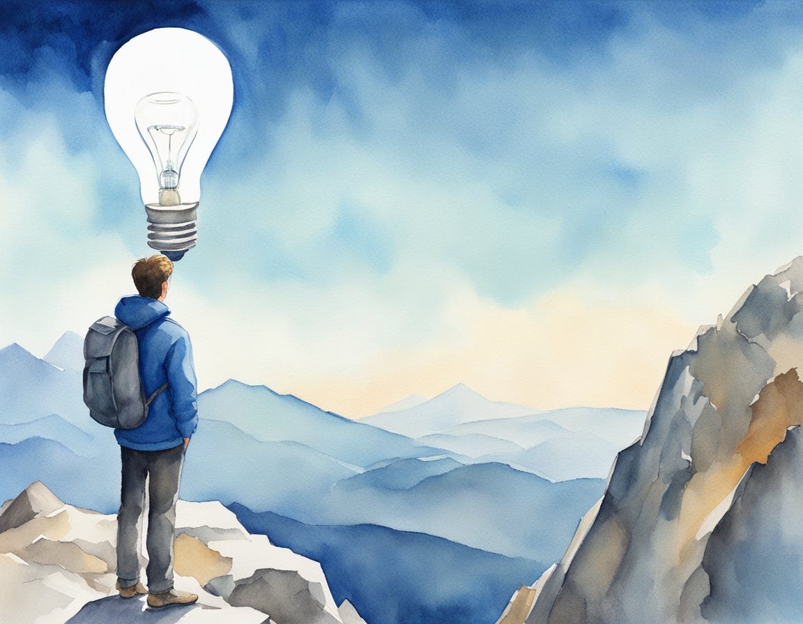 A person standing on a mountain peak, looking out at a vast landscape with a clear blue sky. A lightbulb symbolizing "first principles thinking" hovers above their head