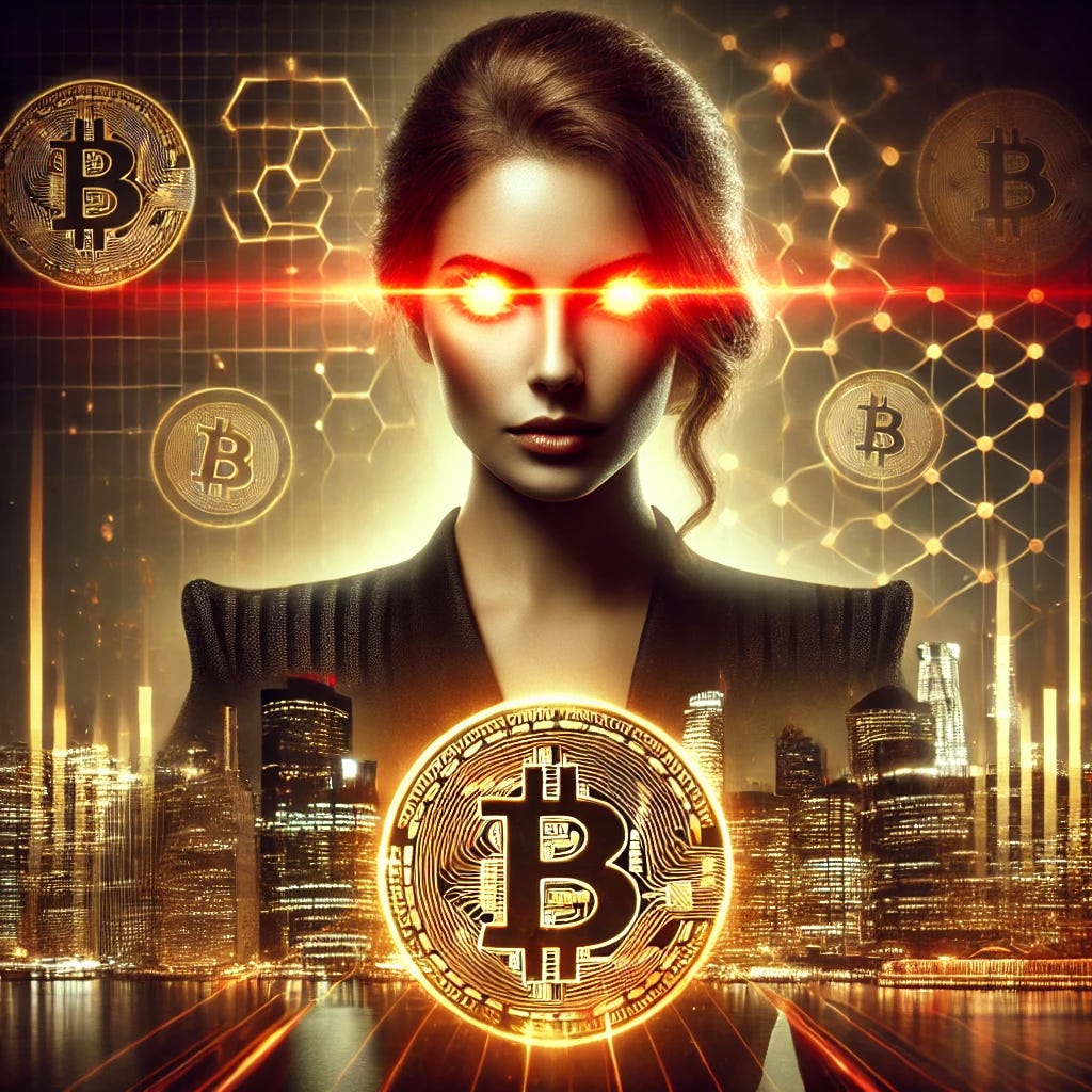 A dramatic and inspiring depiction of a female Bitcoin enthusiast with glowing red laser eyes, symbolizing determination and futuristic vision. She is wearing a sleek modern outfit with Bitcoin logos subtly integrated into the design. The background features a digital, futuristic cityscape illuminated with golden hues, representing the Bitcoin network and financial freedom. The overall mood is empowering and forward-looking. No text or words in the image.