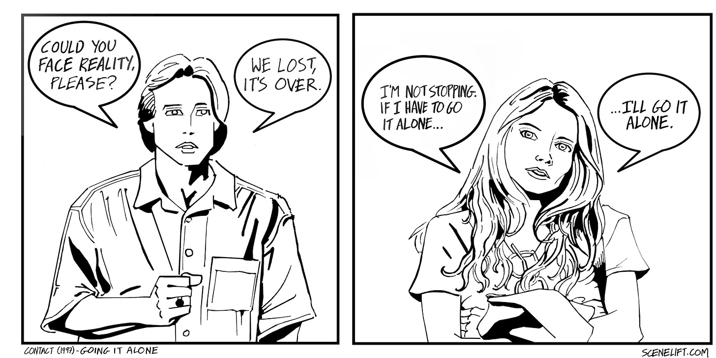 Fan art comic of Ellie standing up for what she believes in to Kent in the VLA office in the movie Contact