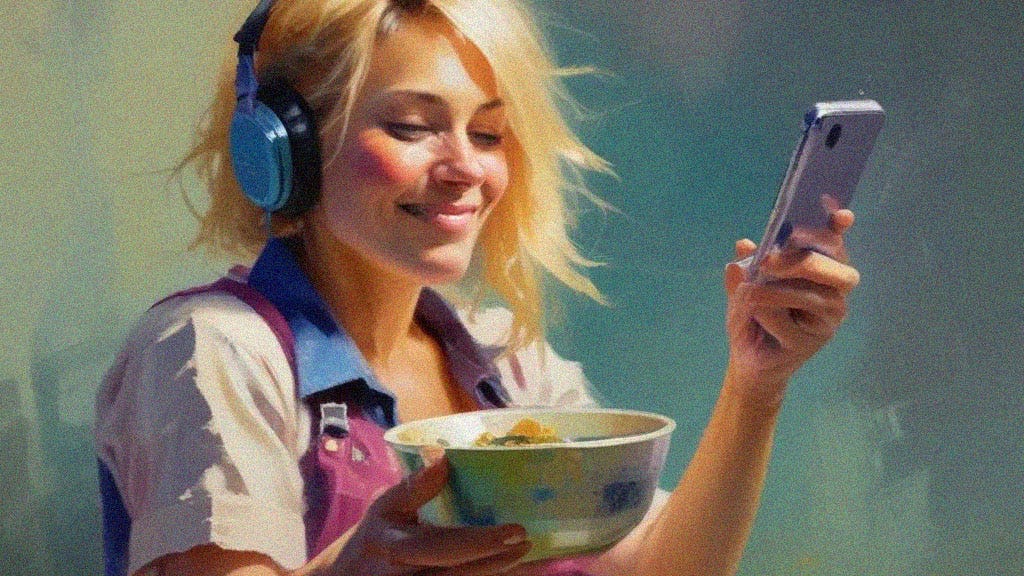 Painterly illustration of a happy blonde white woman wearing dungarees, wearing headphones, holding a smartphone in one hand and a bowl of porridge in the other