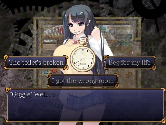 A succubus is on screen with cogs in the background while three choices appear for the protagonist. Tell her the toilet is broken, say that he got the wrong room, or beg for his life
