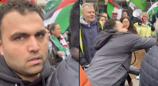 A Muslim man punched Ghorbani while a white British left-wing man looked on with a smile on his face.