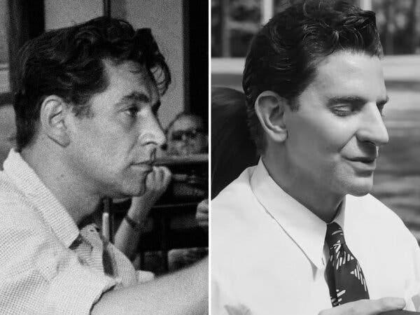 In side-by-side black-and-white images, an archival photo on the left shows a man in profile. A still from a movie scene shows a man with a larger nose in profile. 