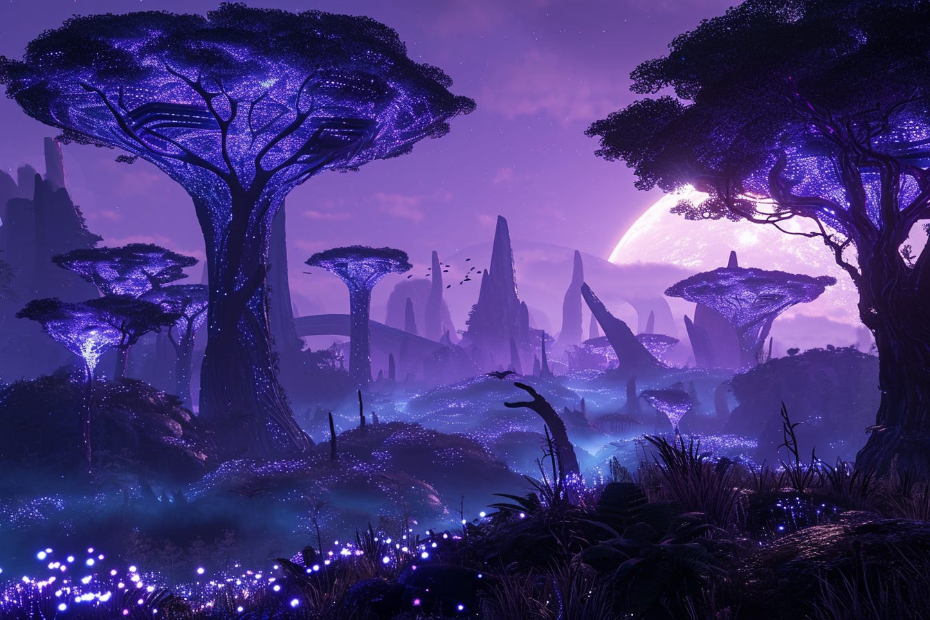 Midjourney image for the prompt: "Landscape photo of an alien planet full of bioluminescent plants and tall, purple trees"