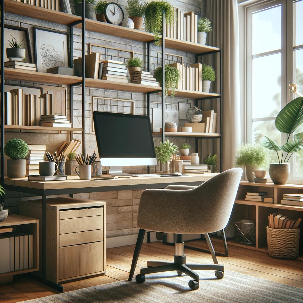 A cozy and well-organized home office space, featuring a large desk with a computer, a comfortable chair, shelves filled with books, and plants for a touch of greenery. The image conveys a sense of productivity and tranquility, suitable for a professional working from home. The room has natural light coming in from a window, and there's a coffee mug on the desk, adding a personal touch.