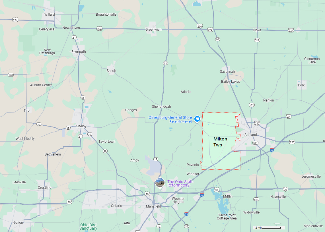 map showing Milton Township, Ashland County, Ohio, in relation to Ashland and Mansfield