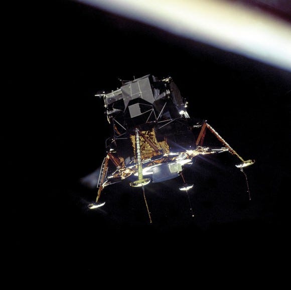 Apollo 11's Eagle spacecraft, as seen from fellow spaceship Columbia. Credit: NASA