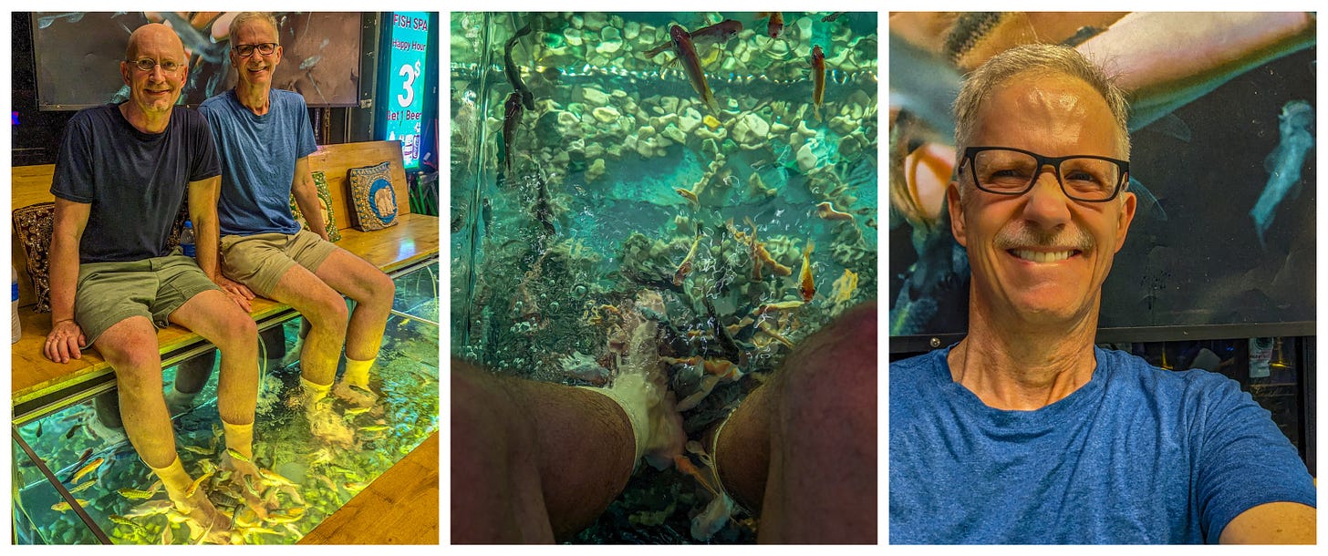 First photo shows Brent and I sitting together with our feet in the water, the second is a close up of the fish nibbling at my feet, the last is a closeup of Michael's horrified expression. 